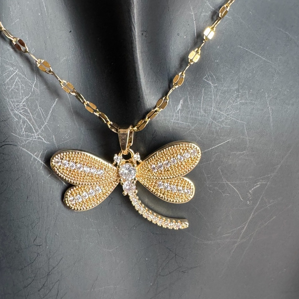 Stainless Steel Gold Dragonfly Pendant Necklace